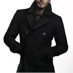 Guess Black Wool-blend Double-breasted Front Pockets Pea Coat Size XL